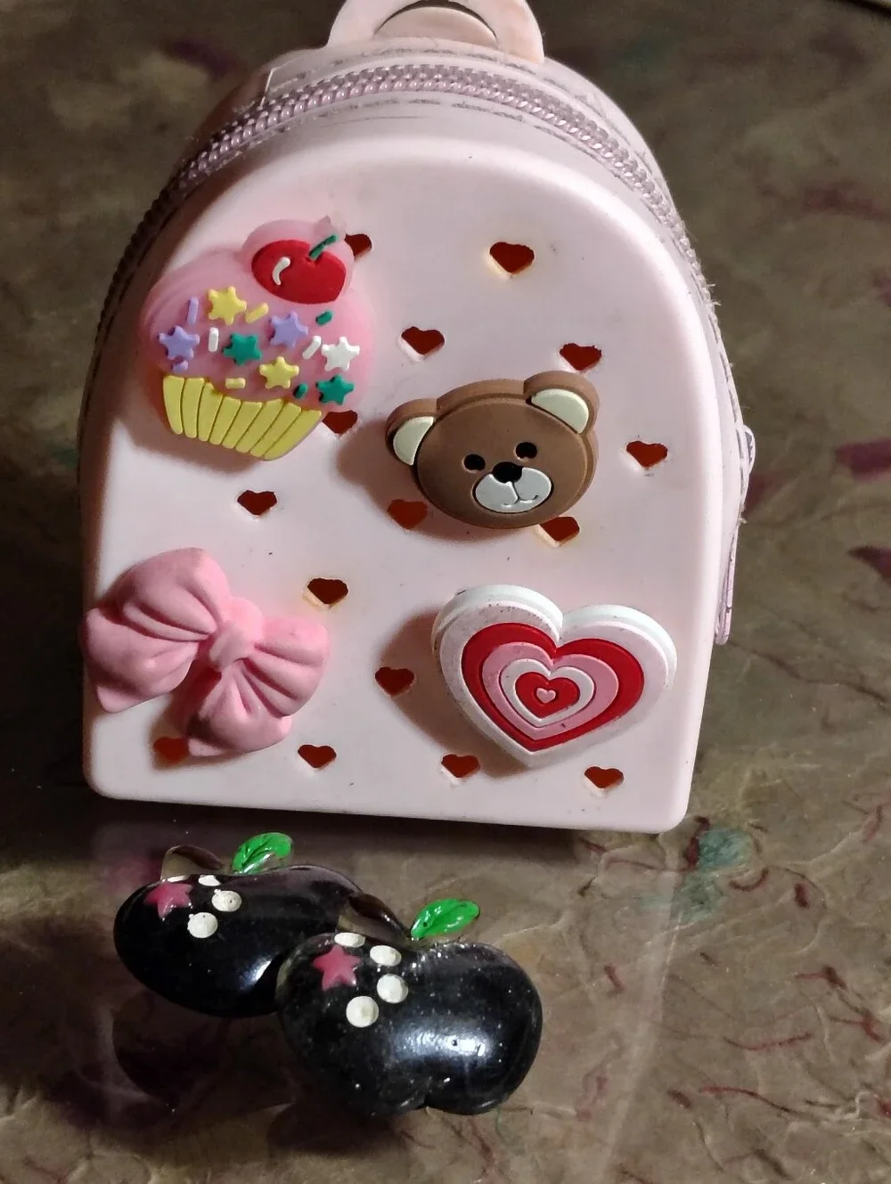 Mini Pink Silicone Backpack w/ Cutout Hearts For Storing Shoe Charms + 6 Charms